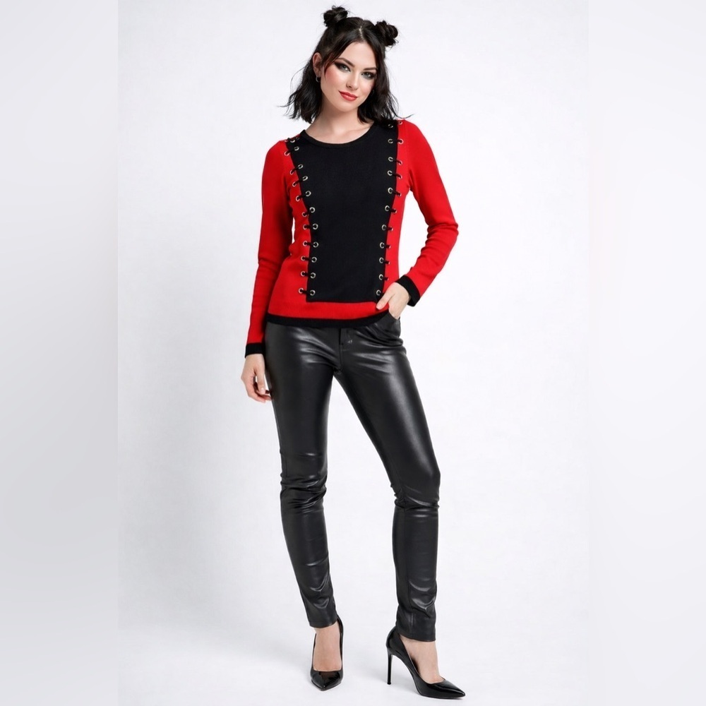 Elena Wang Red Black Lace Up Grommet Colorblock Knit Top Size Large Rockabilly - Picture 7 of 7